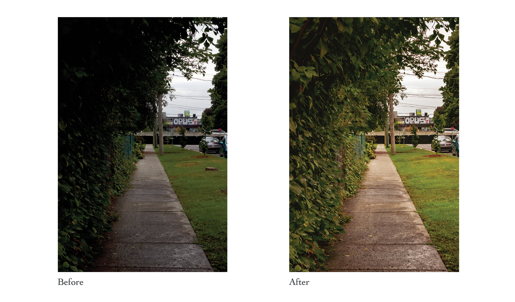 A before and after image displaying color and lighting retouching to a one point perspective photo of a sidewalk with greenery framing the top left.