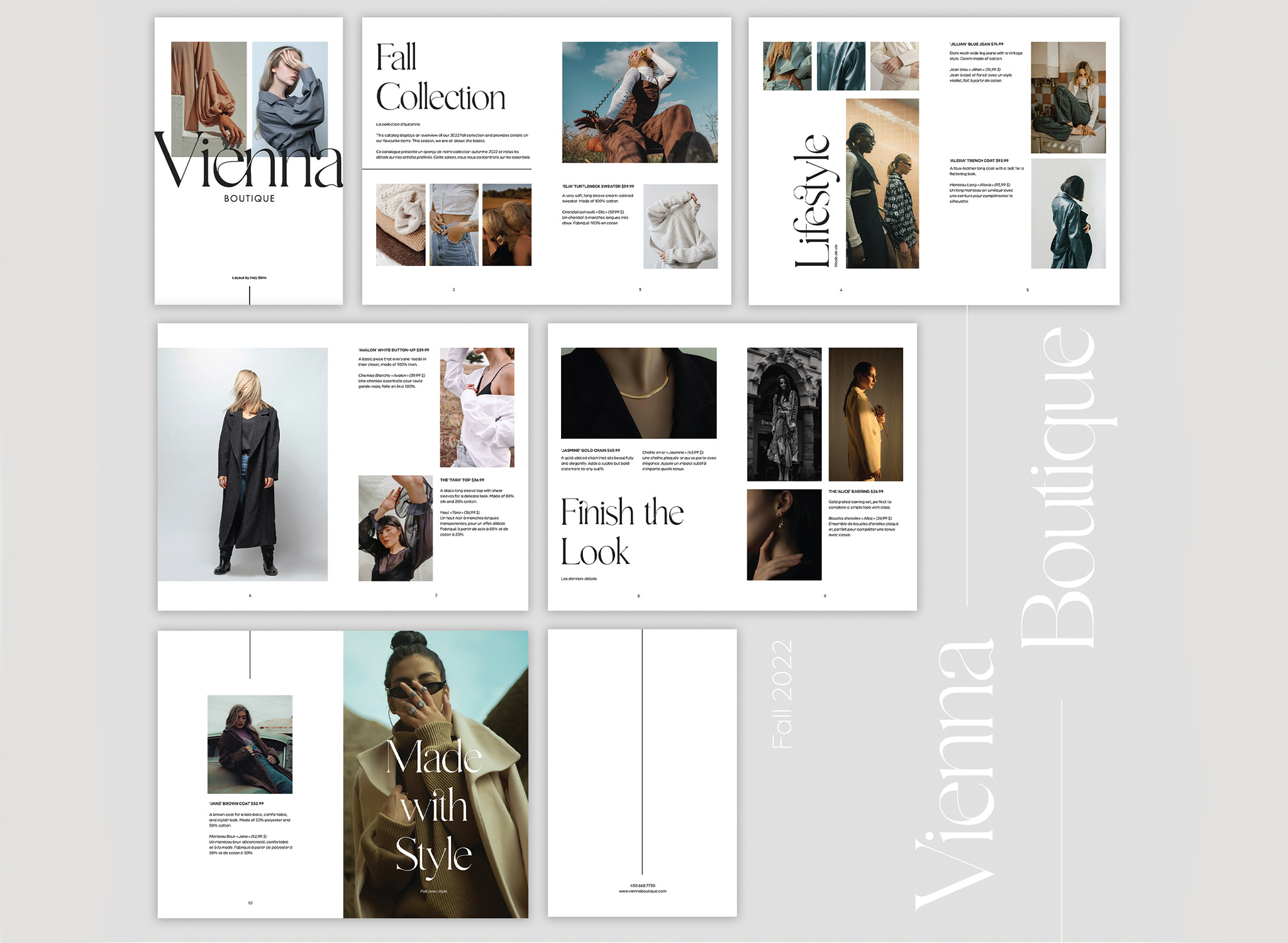 Overview of all the spreads I designed for the Fall 2022 Vienna Boutique fashion catalog. The spreads display large images on a white background, along with minimal text.