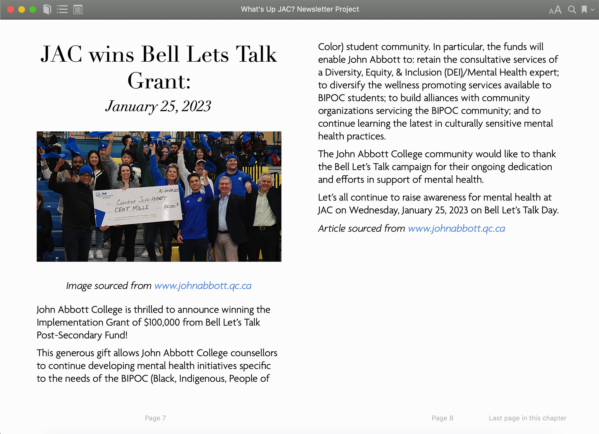 Screenshot of an ebook I created for a hypothetical college newsletter.