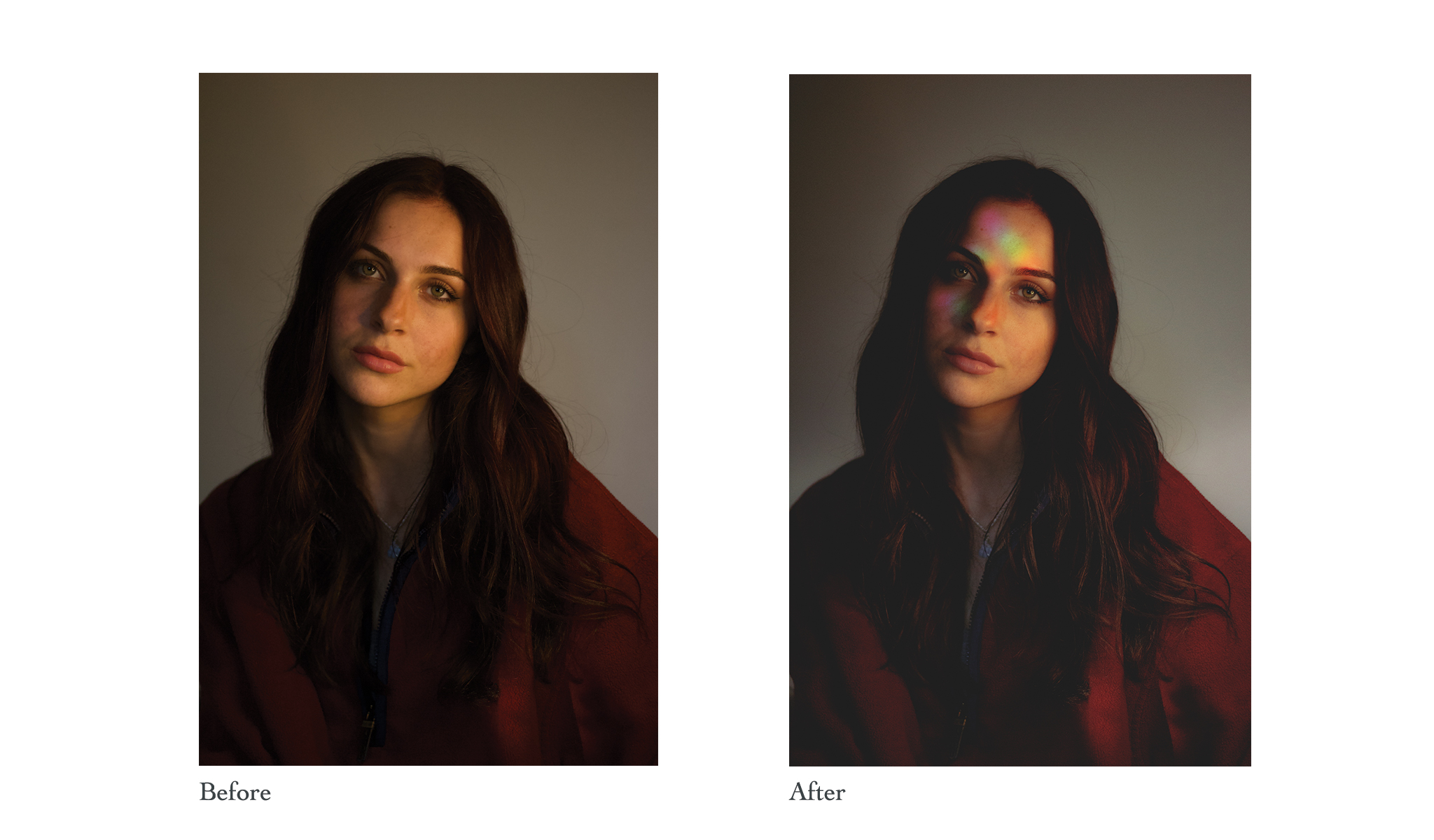 A self portrait with before and after editing displayed.