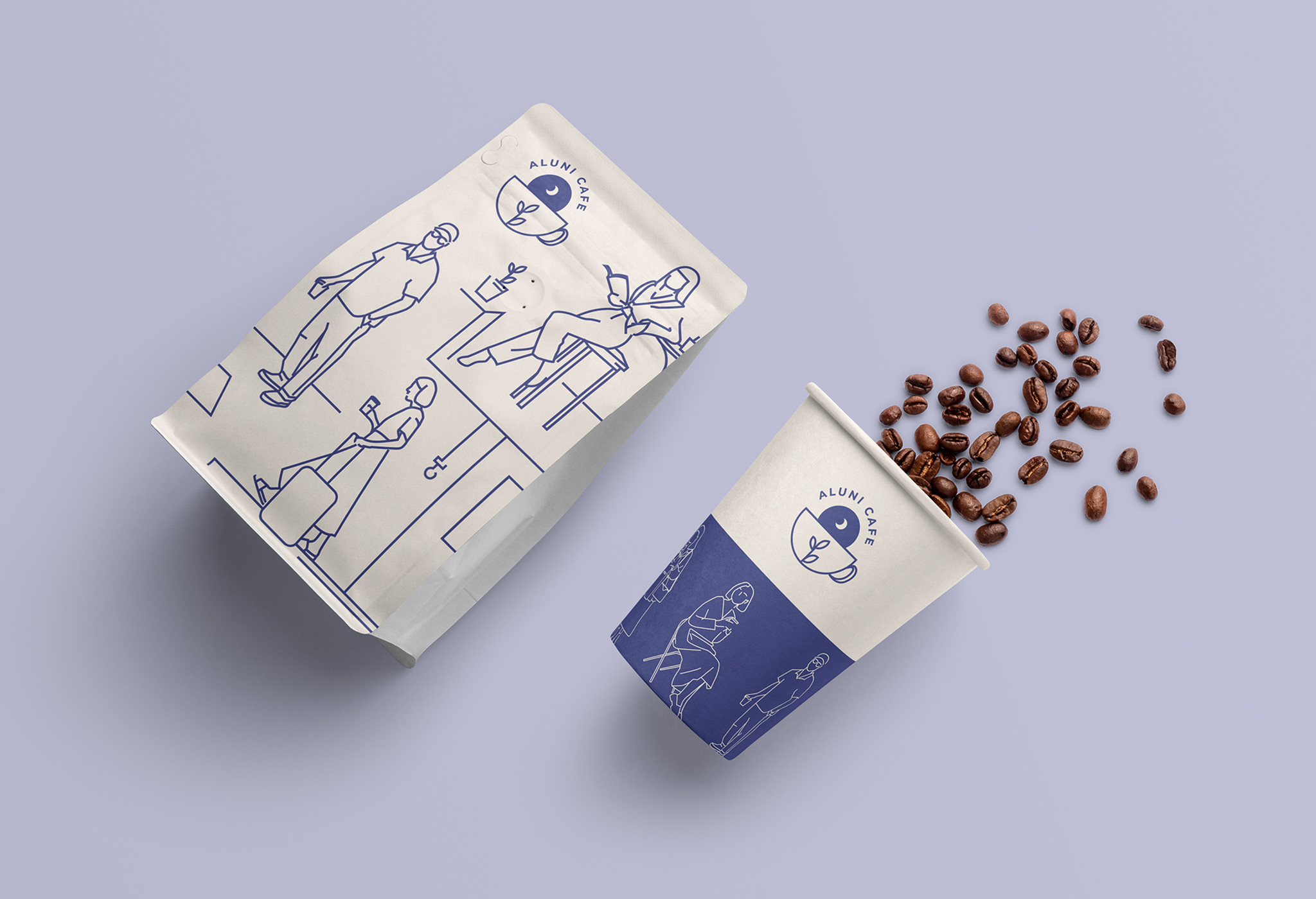 Mockup of cup and coffee package design for Aluni Cafe, an imagined coffee shop.