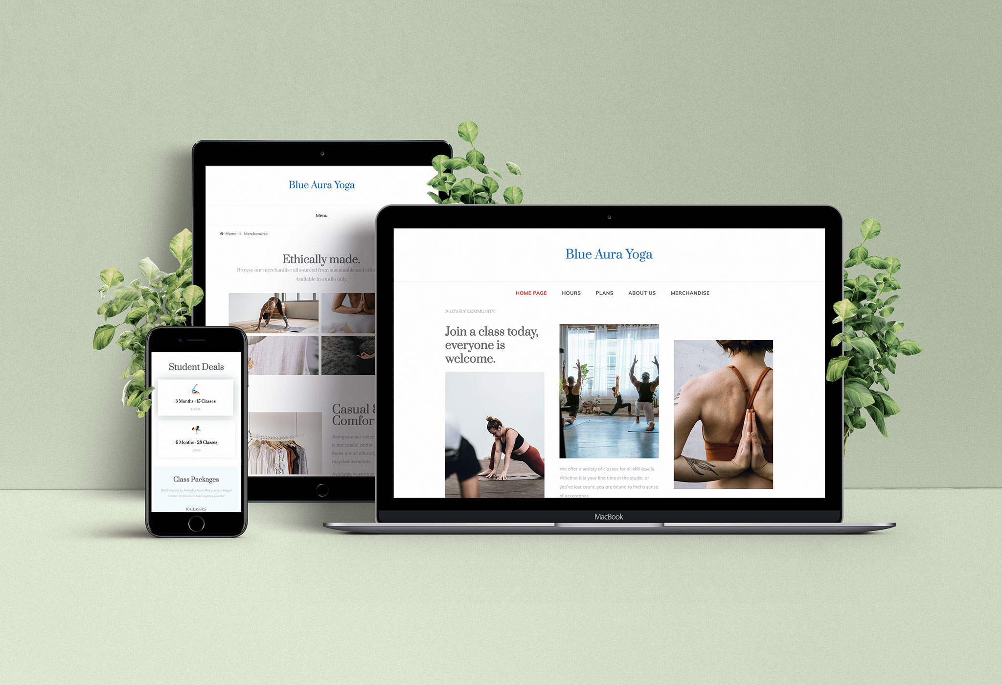 Mockup of website design for an imagined yoga studio. It is a completely responsive website design, as displayed on a laptop, mobile, and an iPhone.