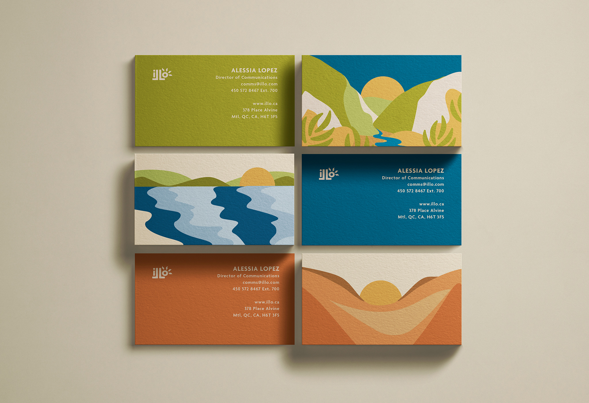 Mockup of printed business cards created for Illo Adventures. There are three variations displayed front and back.