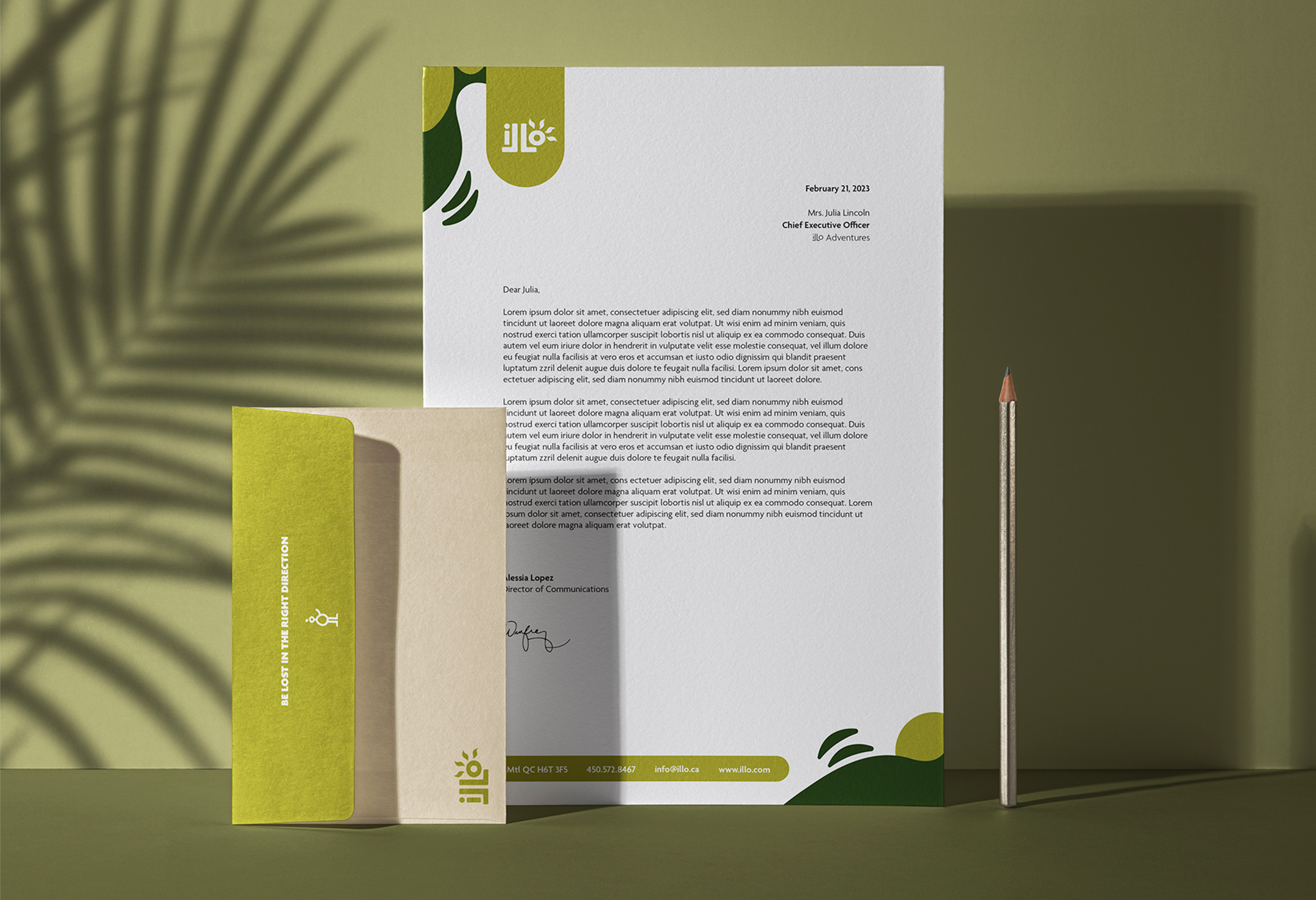 Mockup displaying a letterhead and envelope design for a hypothetical brand Illo Adventures. The design is characterized by a green and beige colour palette, along with dynamic shapes.