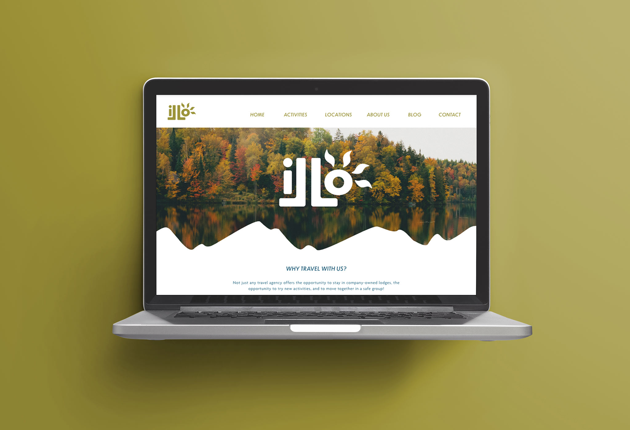 Laptop mockup displaying the web home page of a hypothetical brand "Illo" which is a travel agency.