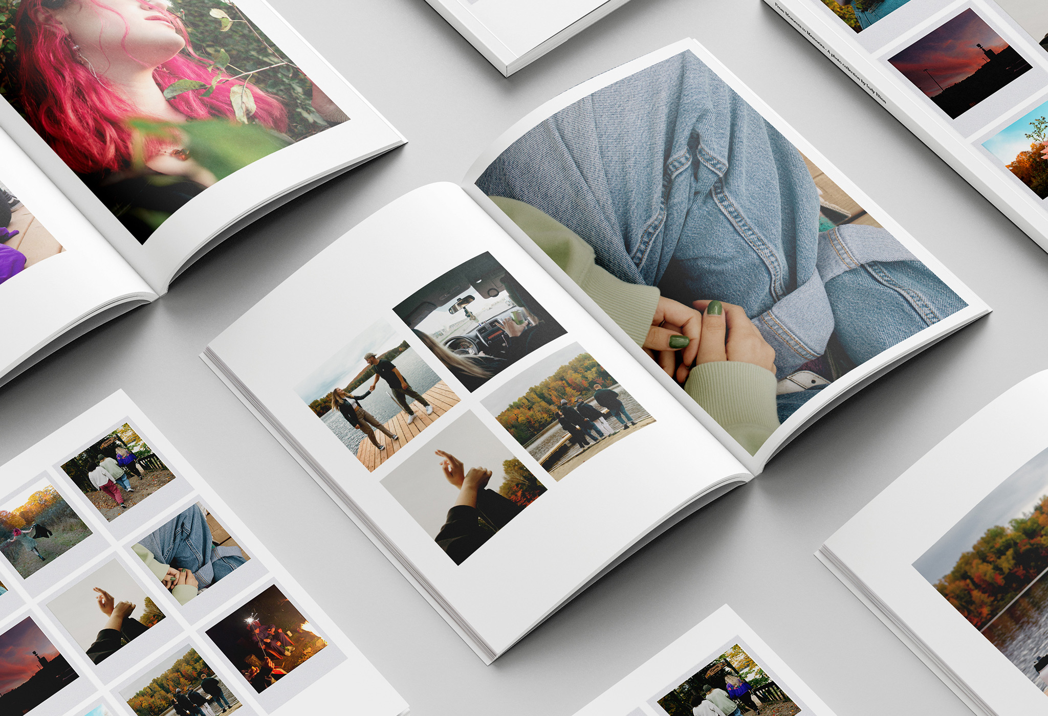 Mockup of the photobook I created in 2023. The image displays multiple spreads of the book.