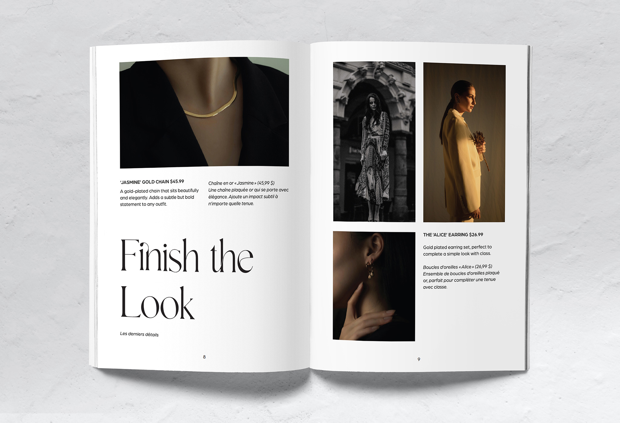 Mockup of a complete spread in the Vienna Boutique fashion catalog I designed. A big title is paired with minimal text and large blocks of imagery.