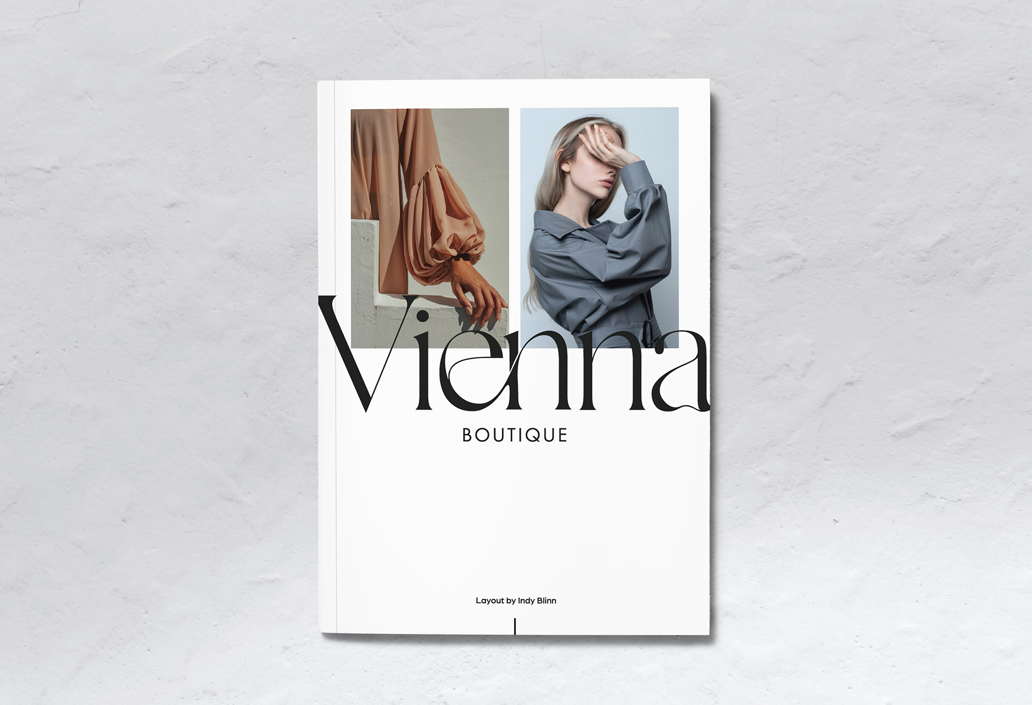 Mockup of a fashion magazine print design. The hypothetical business is titled Vienna Boutique