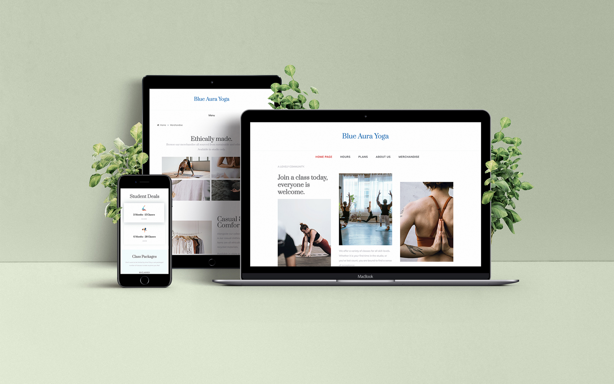 Mockup of website design for an imagined yoga studio. It is a completely responsive website design, as displayed on a laptop, mobile, and an iphone.