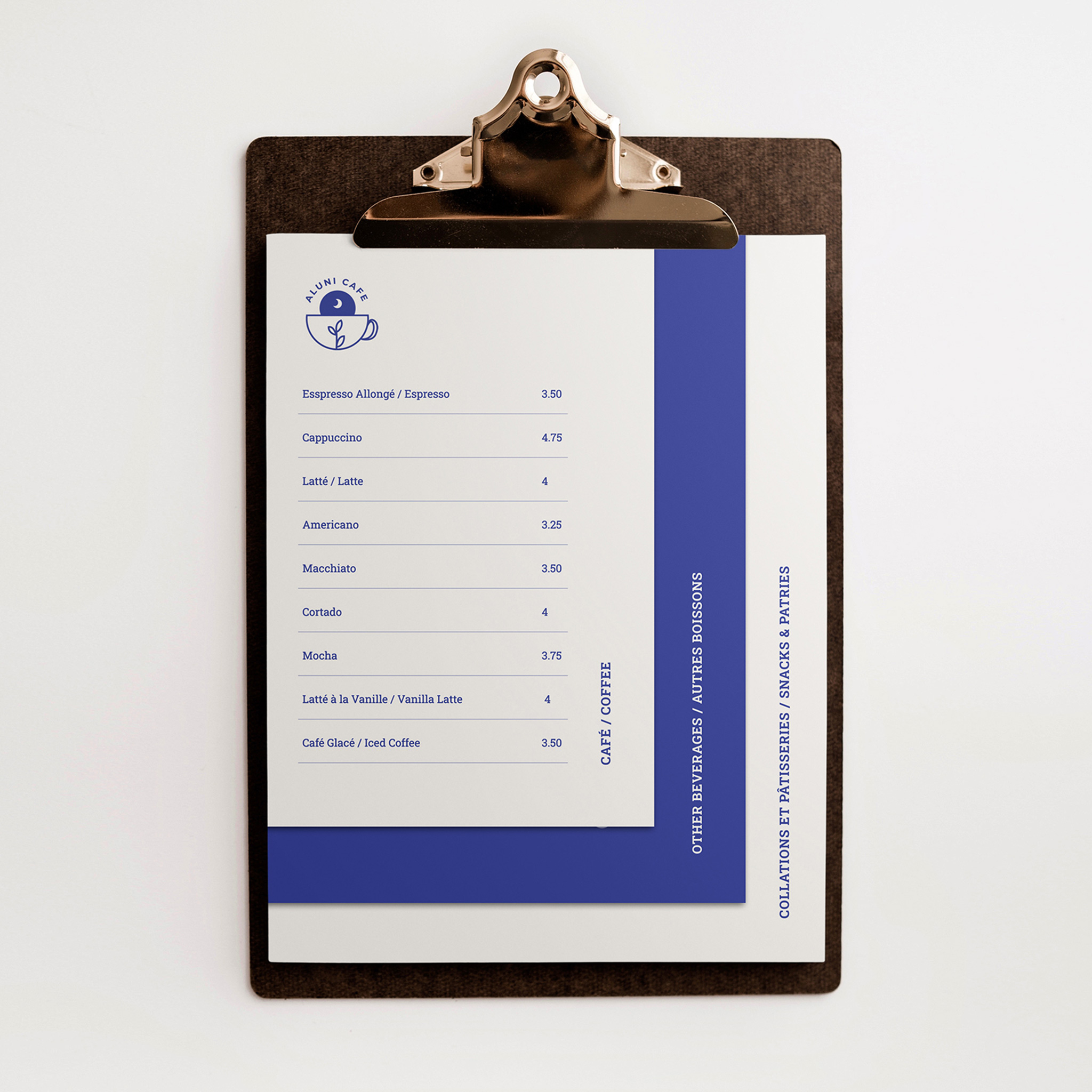 Aluni cafe menu design mockup. The menu is displayed on a clipboard, and has three layers.