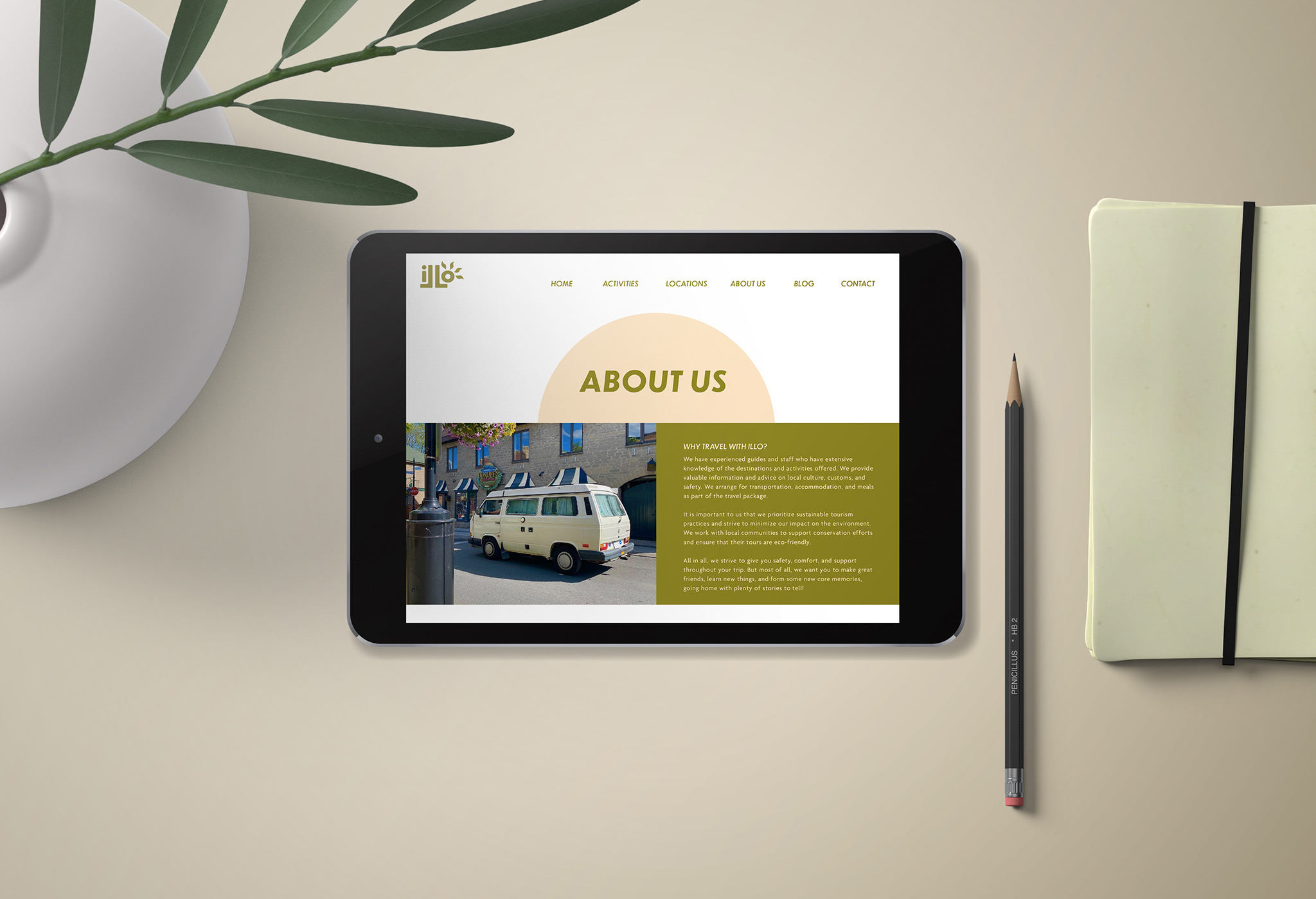 Mockup of the about page on the Illo adventures travel website I created. The mockup is displayed on an ipad with a plant and notebook by its side.