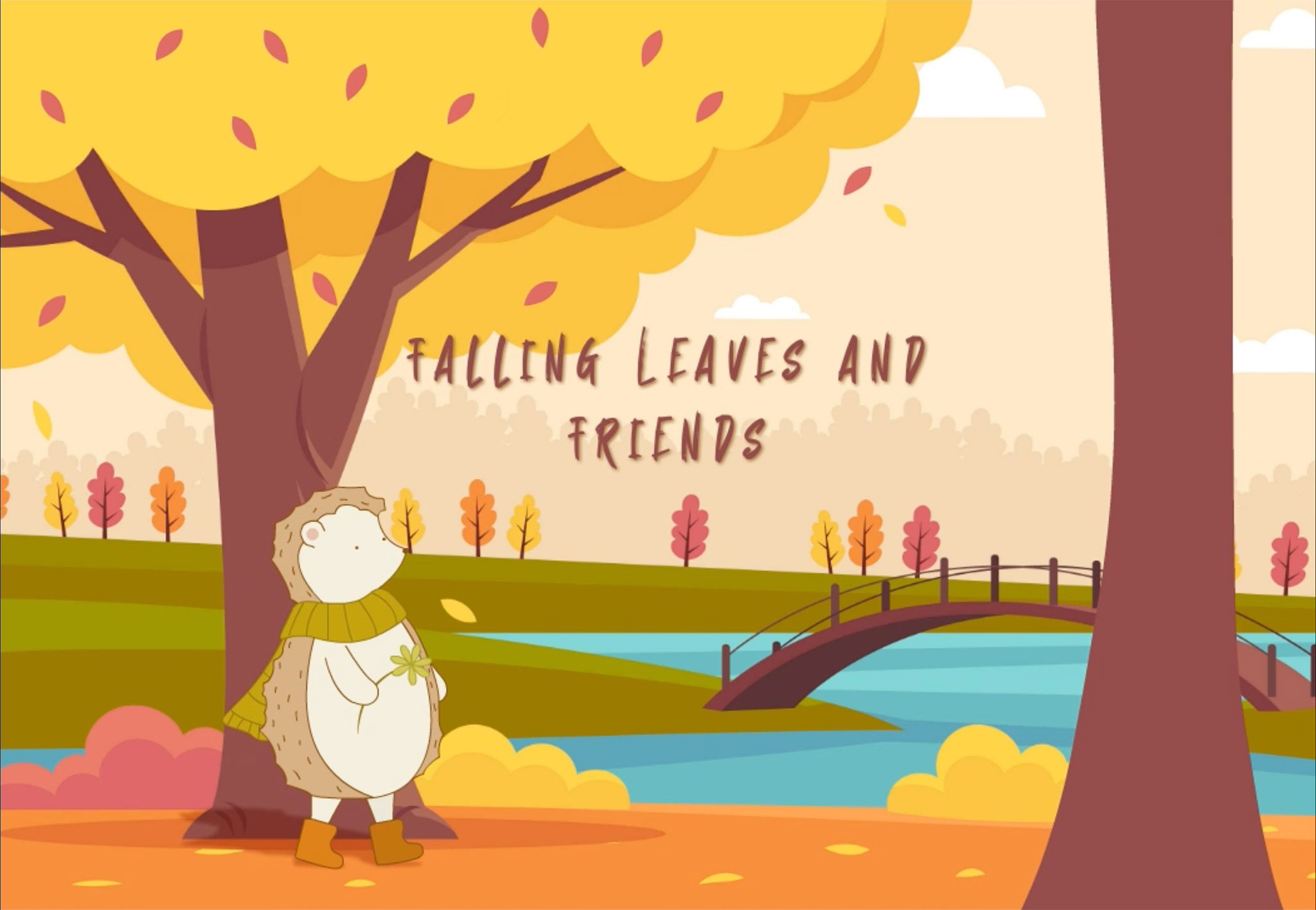 Thumbnail of my character animation called Falling Leaves and Friends. Image displays a hedgehog walking in a fall scene.