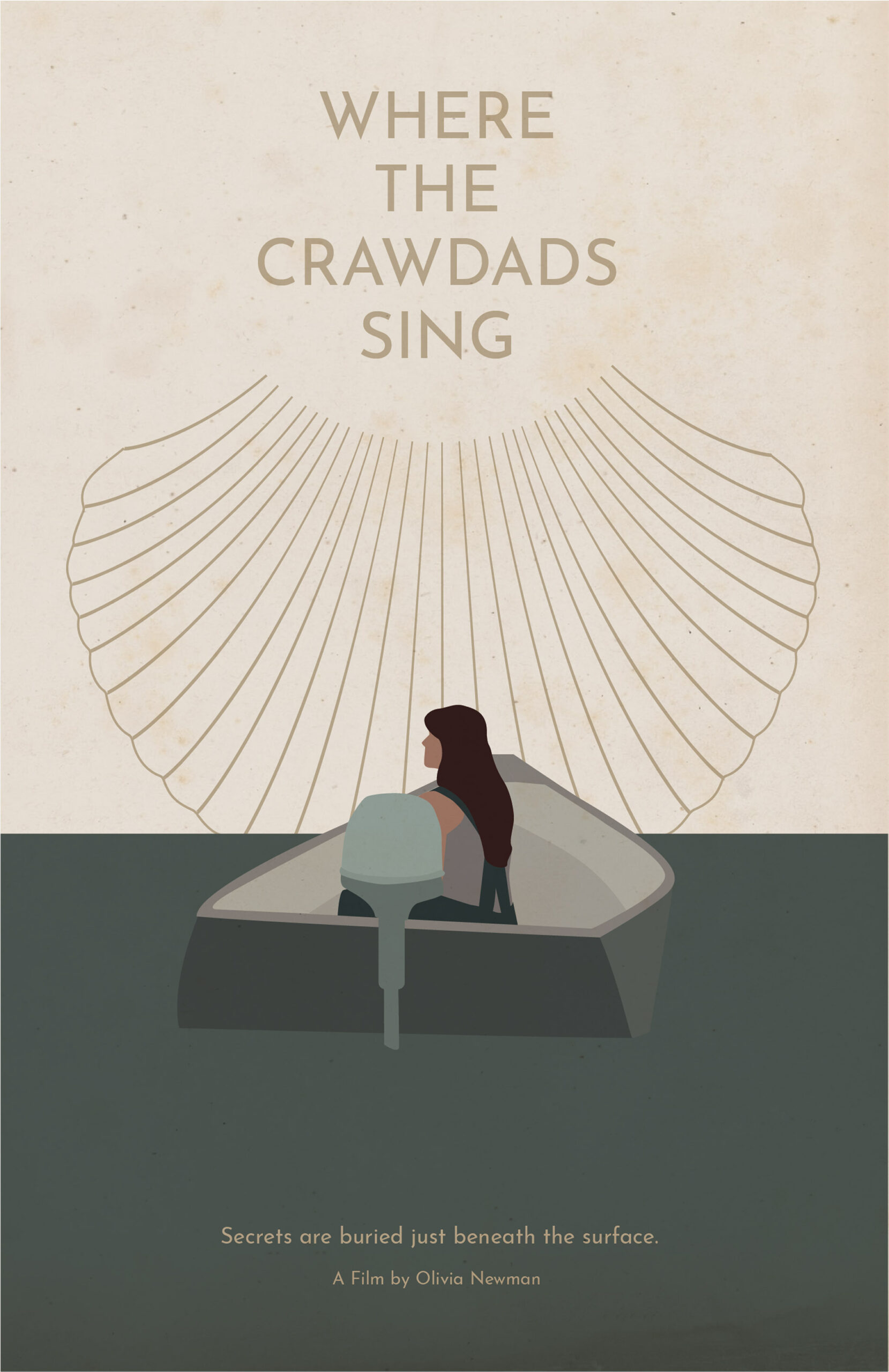 Movie poster illustration design for Where The Crawdads Sing. Illustration displays a girl in a fishing boat with a silhouette of a seashell in the back.